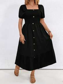 SHEIN LUNE Plus Size Women's Short Bubble Sleeve Dress With Button Decoration And Square Neckline - Black - View 3