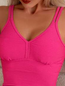 SHEIN Swim Women's Plain Two-Piece Swimwear Set - Hot Pink - View 4