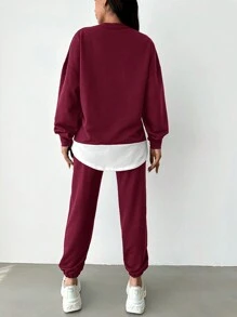 EURMUSE Pantalones deportivos con sudadera de hombros caídos 2 en 1 - Burdeos - Ver 2