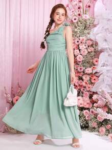 SHEIN Vestido Largo Fruncido Con Un Hombro Y Flor Tejida En 3d De Color Sólido Para Niña Adolescente - verde menta - Ver 1