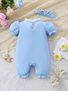Baby Girl Jumpsuit Light Blue Vintage Floral Lace Bowknot Sweet Cute Jumpsuit