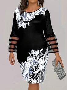 SHEIN Clasi Plus Floral Print Mesh Insert Flounce Sleeve Bodycon Dress - Black and White - View 4