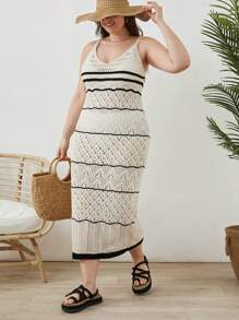 EURMUSE Plus Size Striped Knit Cover Up Dress, For Summer Beach Vacation - Multicolor - View 4