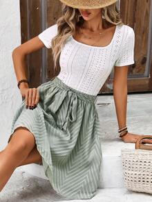 SHEIN Frenchy Hollow Out Embroidered Round Neck Slim Fit Top And Skirt Set Summer Casual - Multicolor - View 6