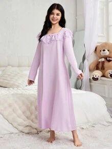 少女新款優雅荷葉邊長袖睡袍，家居服 - 紫色 - 查看 4