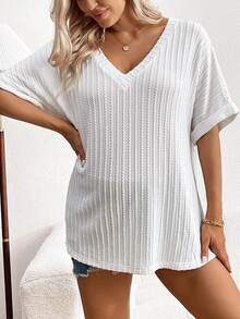 SHEIN Thai sản Cổ chữ V Ngắn tay Viền chia cắt Lỏng lẻo phù hợp Giải trí Áo thun , Mùa hè - trắng - Xem 3