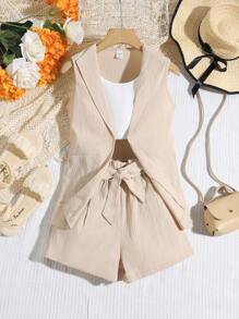 SHEIN 少女休闲时尚无袖背心（不含T恤）及蝴蝶结腰带短裤两件套，适合日常穿着和夏季假期 - 卡其色 - 查看 3