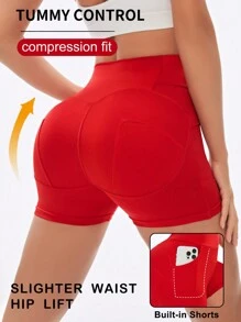Yoga Basic Solid Color Wide Waistband With Pockets Sports Shorts Booty Shorts - Red - View 1