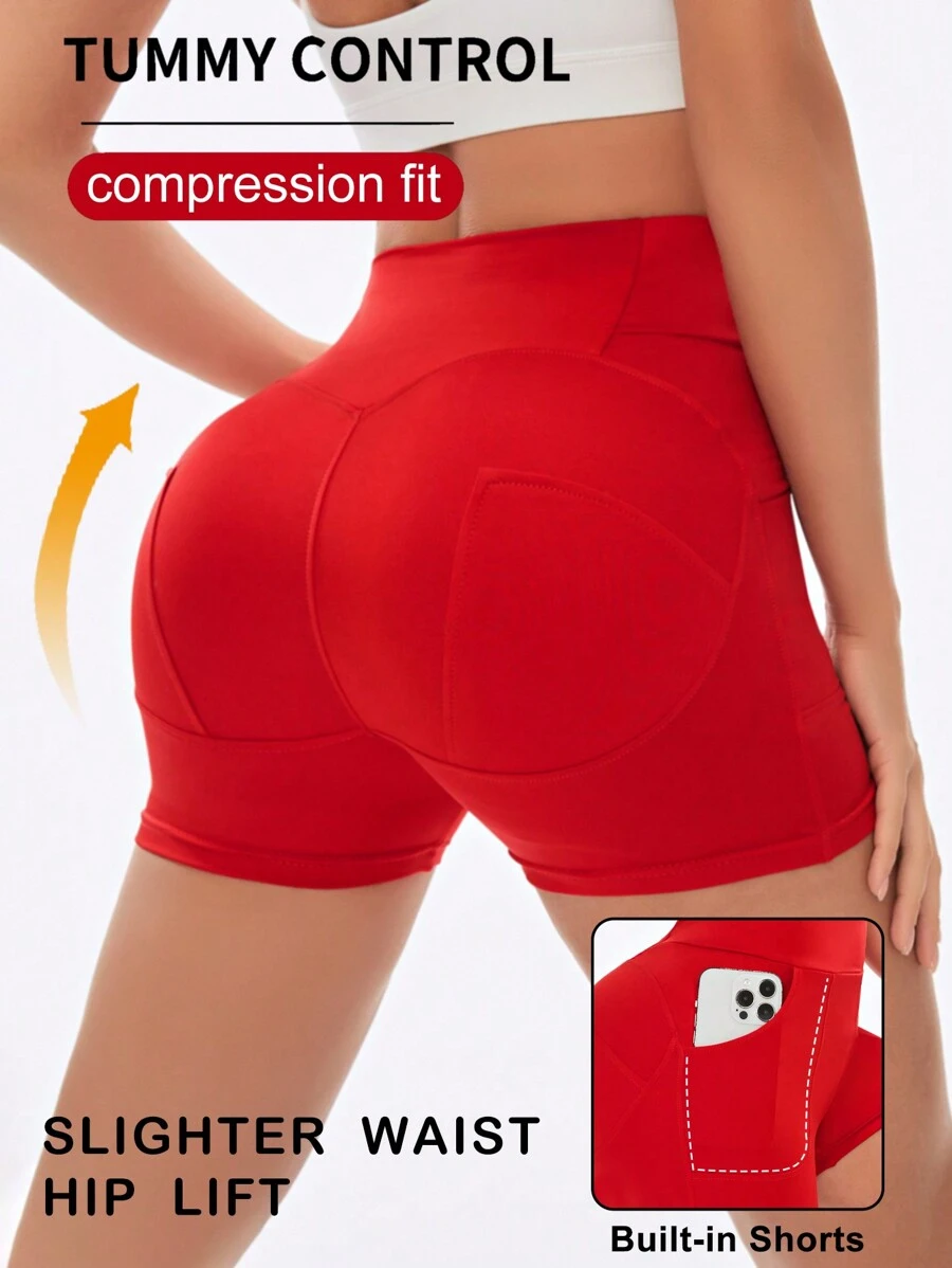 Yoga Basic Solid Color Wide Waistband With Pockets Sports Shorts Booty Shorts - Red - View 1