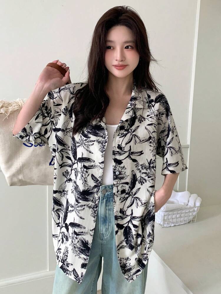 Floral Print Button-Down Short Sleeve Shirt Fall Vacation Outfits Women Boho