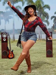 Flirla Plus Size V-Neck Tie-Dye Distressed Long Sleeve T-Shirt