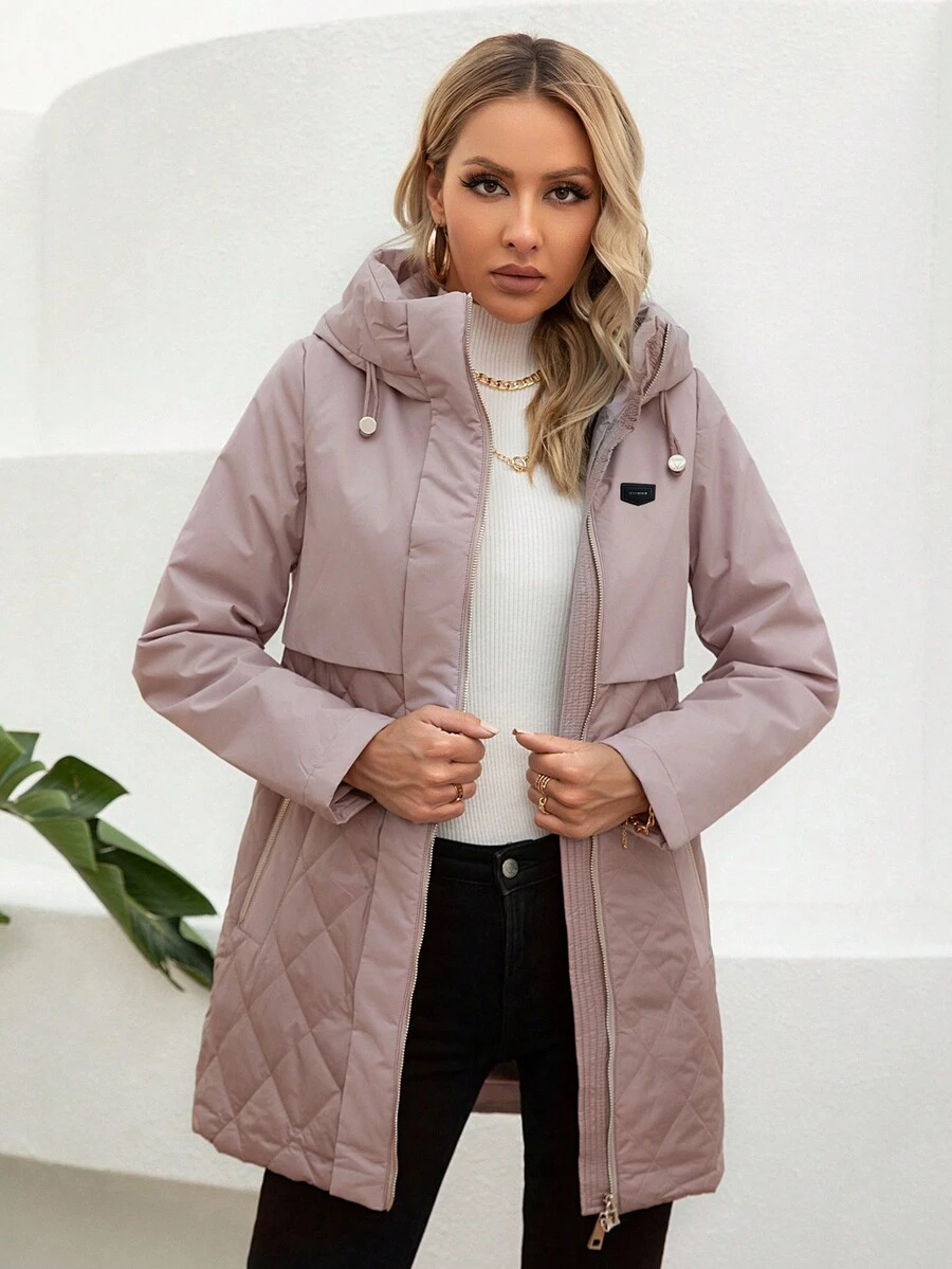 GASMAN Women Letter Embroidered Drawstring Hooded Padded Coat - Pink - View 1