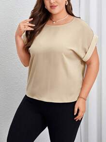 SHEIN Privé 米色春夏優雅日常通勤緞面圓領大尺碼女士襯衫 - 卡其色 - 查看 4