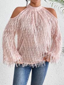 Chiquease Women's Open Shoulder Long Sleeve Fringe Top