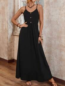 SHEIN LUNE 時尚休閒釦子細節束腰背心裙 - 黑色 - 查看 5