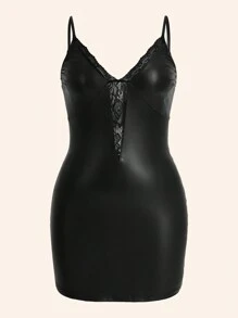 SHEIN ICON 修身外套蕾絲拼接大尺碼背心裙 - 黑色 - 查看 1