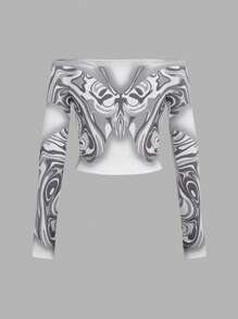 SHEIN ICON Y2k Spring Slim Fit Butterfly Printed Off-Shoulder Women's T-Shirt With Illusion Liquid Design - Black and White - View 2