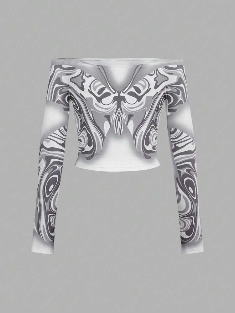 Y2k Spring Slim Fit Butterfly Printed Off-Shoulder Women's T-Shirt With Illusion Liquid Design