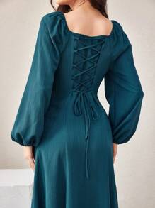 Mulvari 女士方形领口灯笼袖褶皱胸前连衣裙长款女装