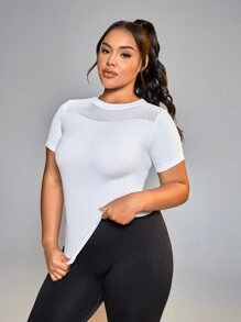 SHEIN Sports Plus Size Solid Color Breathable Comfortable Short Sleeve Sports T-Shirt - White - View 4