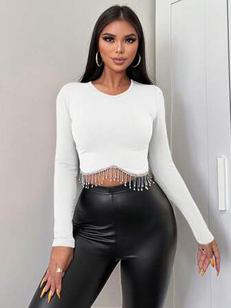 SHEIN Women's Patchwork Rhinestone & Tassel Decor Long Sleeve T-Shirt