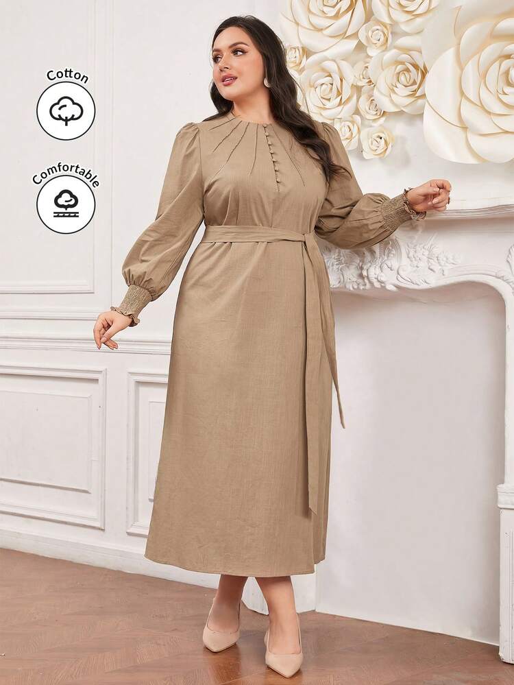 Plus Size Lantern Sleeve Button Front Belted Midi Dress With Pockets Long Evening Dresses