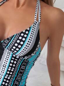 Swim Lushoire Printed V-Neck Halterneck Top With Drawstring Sides And Triangle Bottom Tankini Set Summer - Multicolor - View 4