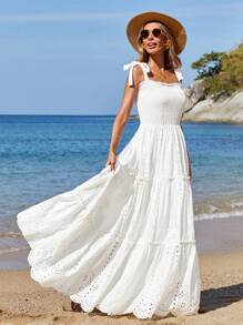 EURMUSE White Shirred Eyelet Embroidery Sleeveless Dress - White - View 3