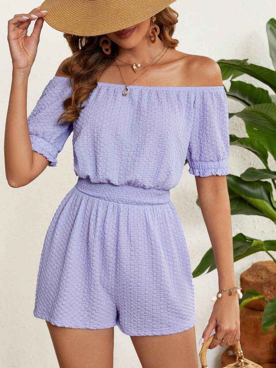SHEIN VCAY Của phụ nữ Màu thuần Off Shoulder Ngắn tay Eo Buộc Romper - Màu xanh lam - Xem 1