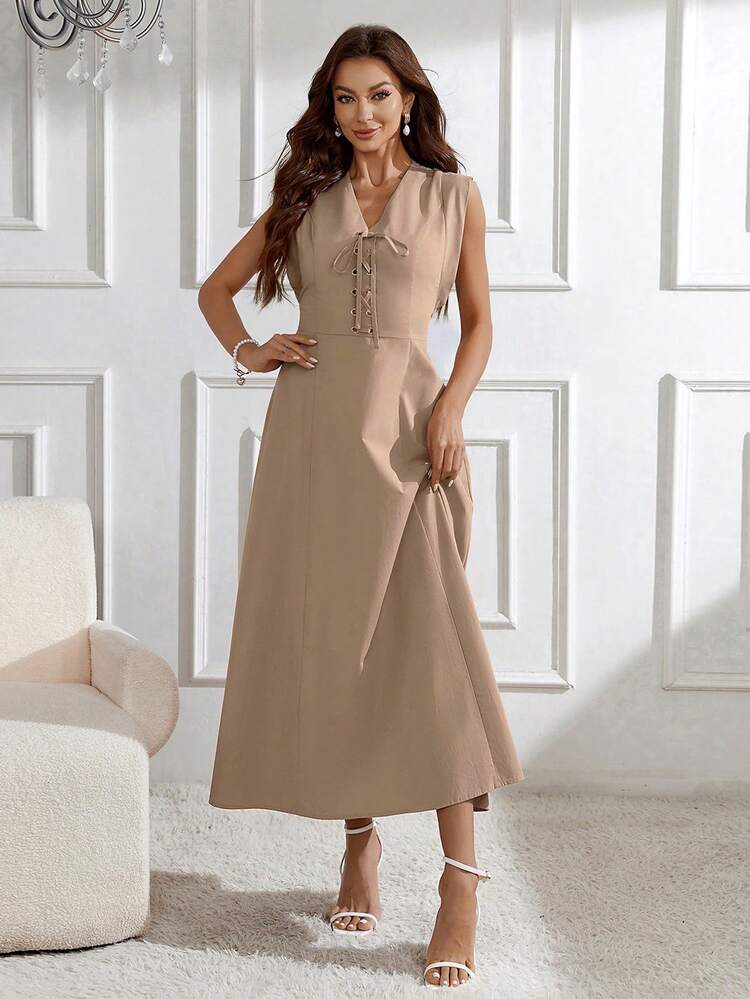 Women's Eyelet Lace Up Sleeveless Dress Long Evening Dresses