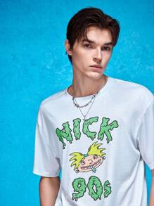 Nick 90s | SHEIN 休闲宽松针织卡通人物印花短袖T恤短裤男士两件套 - 淺灰色 - 查看 4