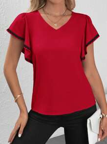 SHEIN Clasi 女士拼色蕾丝花朵缀饰荷叶边衬衫、短袖上衣 - 紅色 - 查看 4
