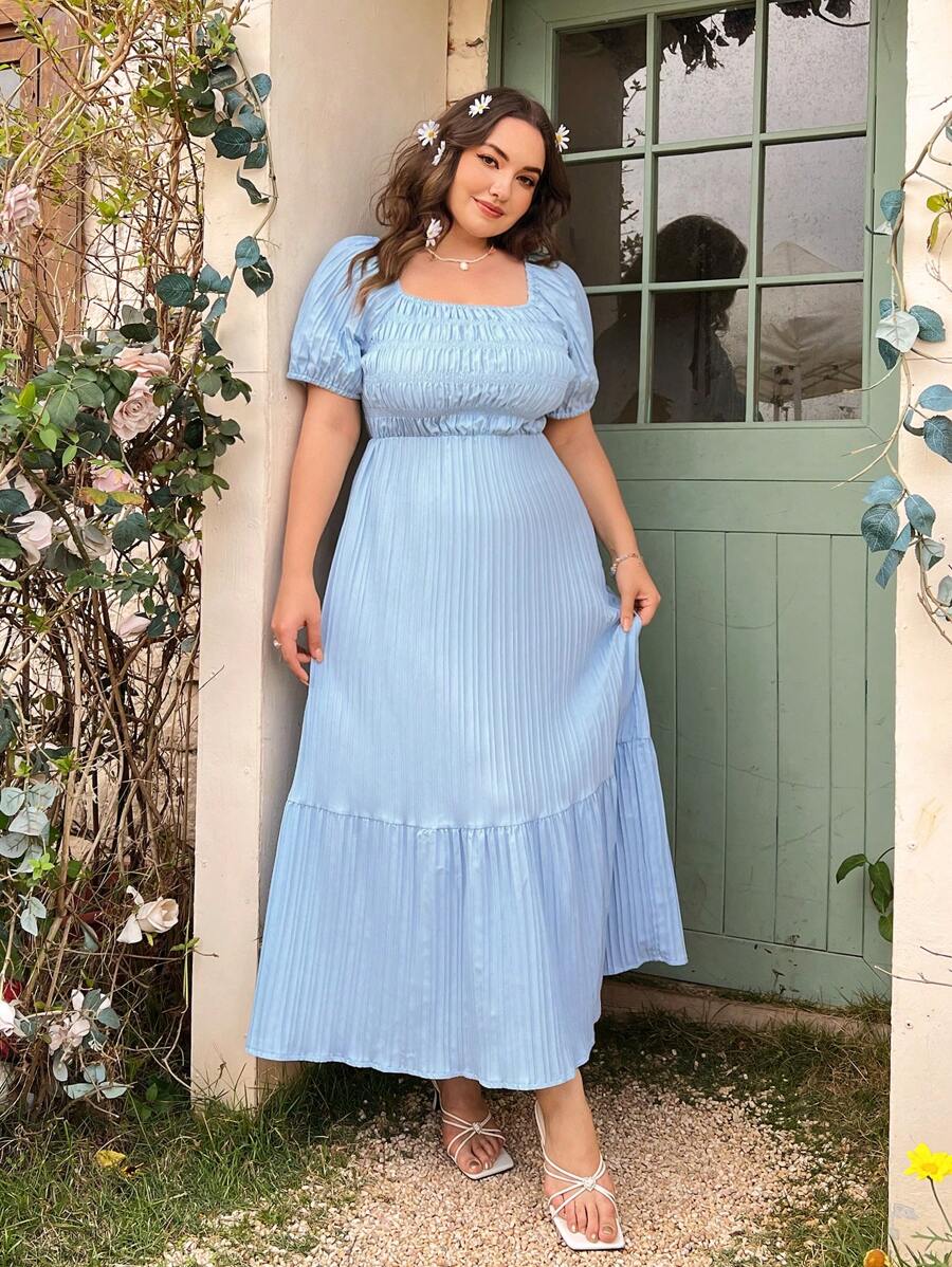 SHEIN SunnyBelle 大尺碼女士純色方領打褶短袖連衣裙 - 藍色 - 查看 1