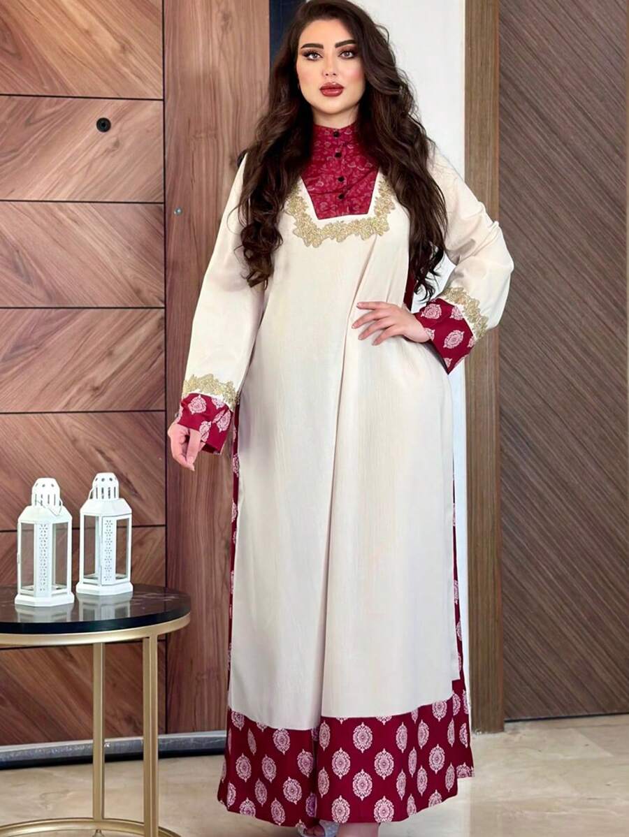 Al Najma 女士花卉刺繡立領阿拉伯長裙 - 彩色 - 查看 1