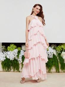 MOTF PREMIUM STEREO FLOWER DETAIL LAYERED RUFFLE HEM HALTER DRESS,HOLIDAY PARTY BIRTHDAY FORMAL EVENING OCCASSION