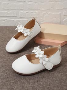 Girls' Pearl & Flower Decor Flat Shoes With Hook And Loop Closure For Wedding And Outdoor Wearing - White - View 1