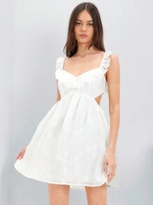 Enchnt Spring Summer Women's Sweetheart Neck Hollow Out Lace Cute Dress With Waist Cut-Out Detail - Coffee - View 1