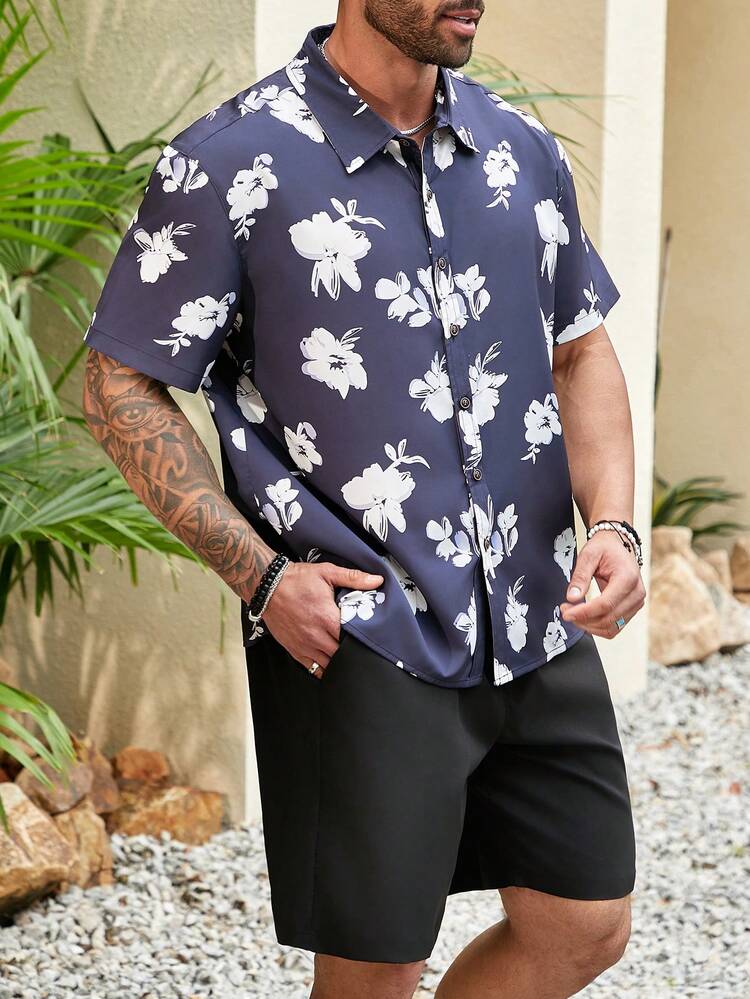 Men's Plus Size Floral Print Shirt And Solid Color Shorts Set