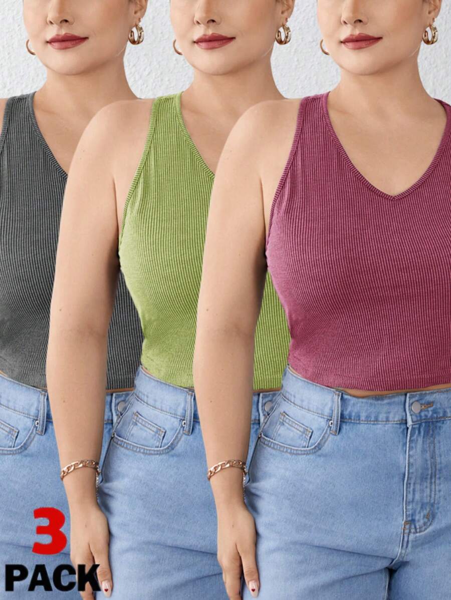 SHEIN Essnce Plus Size Multiple Pack Cropped Ribbed Knit Distressed Tank Top - Multicolor - View 1
