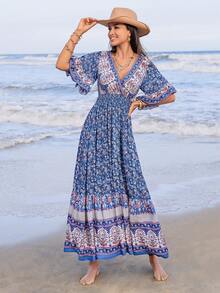 Rusttydustty Woman Blue Floral Print Cross V Neck Flare Sleeve Extra Long Dress Boho Coachella Music Festival Beach Outfits Beach Outfits Tropical Vacation Easter