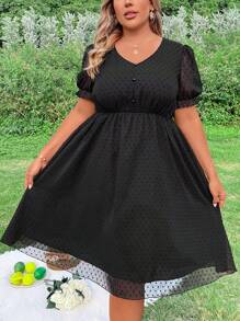 Flirla Robe grande taille à col en V avec contraste en maille et taille cintrée