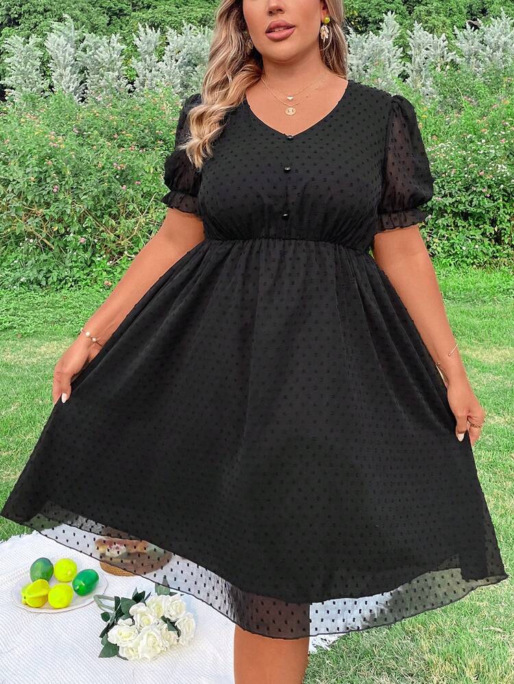 Plus Size Mesh Contrast V-Neck Cinching Waist Dress