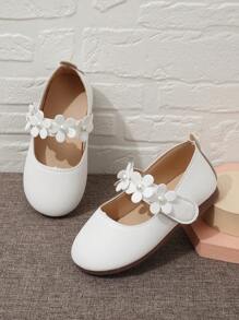 Girls' Pearl & Flower Decor Flat Shoes With Hook And Loop Closure For Wedding And Outdoor Wearing - White - View 3