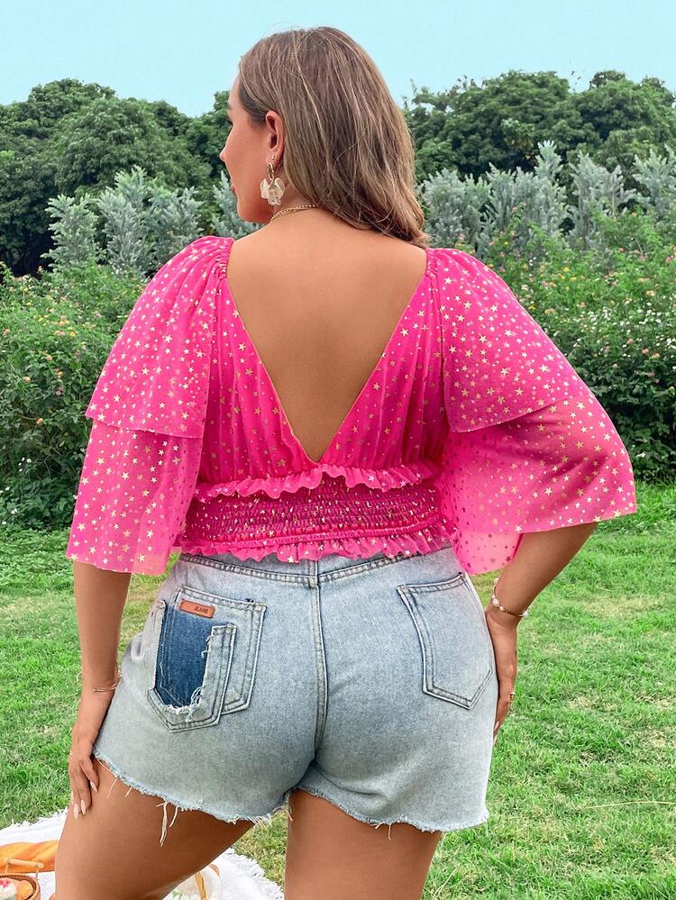 Plus Size Women's Starry Foil Print Mesh Shirt
