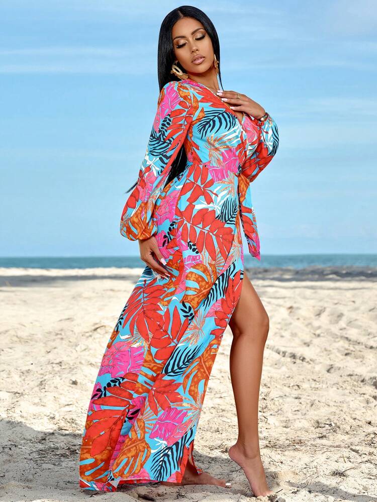 Plant Printed Wrap Tie Waist Dress