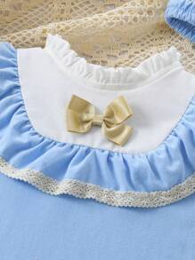 Baby Girl Jumpsuit Light Blue Vintage Floral Lace Bowknot Sweet Cute Jumpsuit