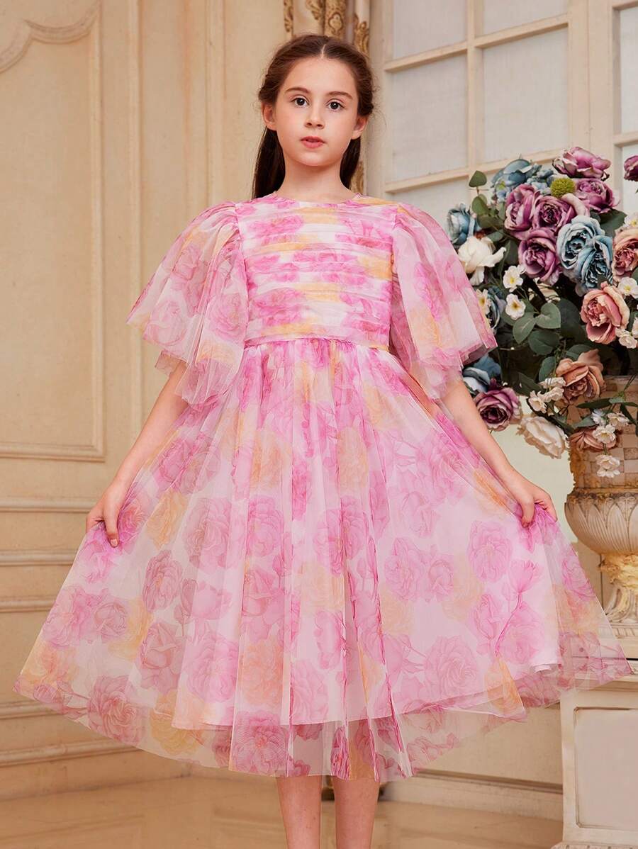 SHEIN Leap Crew Tween Girls' Cute Floral Print Mesh Dress With Round Neckline, Exaggerated Ruffle Sleeves - Multicolor - View 1