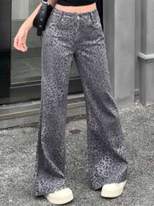 DAZY Women's Leopard Print Wide Leg Jeans - Grey - View 2