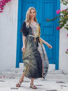 Women's V-Neck Contrast Color Beach Cover-Up Summer - Multicolor - View 4