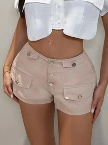 SHEIN SXY Solid Color Casual Cargo Shorts - Khaki - View 3